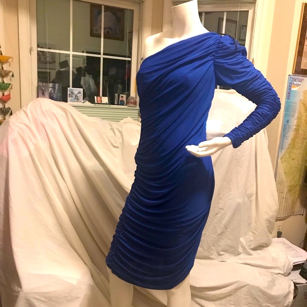 Blue bodycon 1 shoulder cocktail dress long sleeve mini zippered Petite Vintage